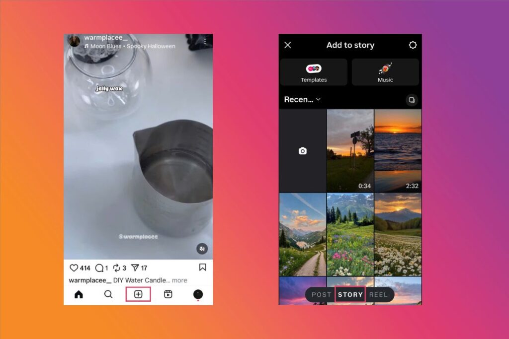Swipe right from your feed or tap the + icon and select Story. 